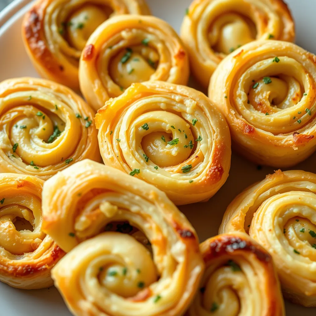 Close-up of Simple Cheesy Pinwheels served in a white dish, featuring golden-brown tortilla spirals filled with melted cheese.
