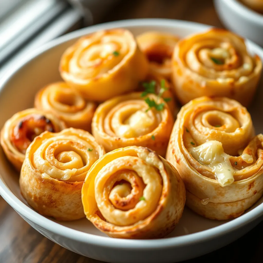 Close-up of Simple Cheesy Pinwheels served in a white dish, featuring golden-brown tortilla spirals filled with melted cheese.
