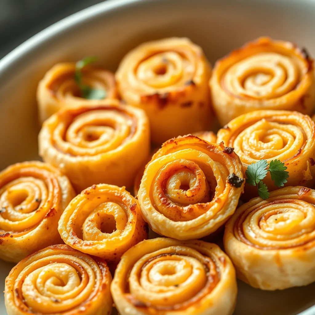 Close-up of Simple Cheesy Pinwheels served in a white dish, featuring golden-brown tortilla spirals filled with melted cheese.
