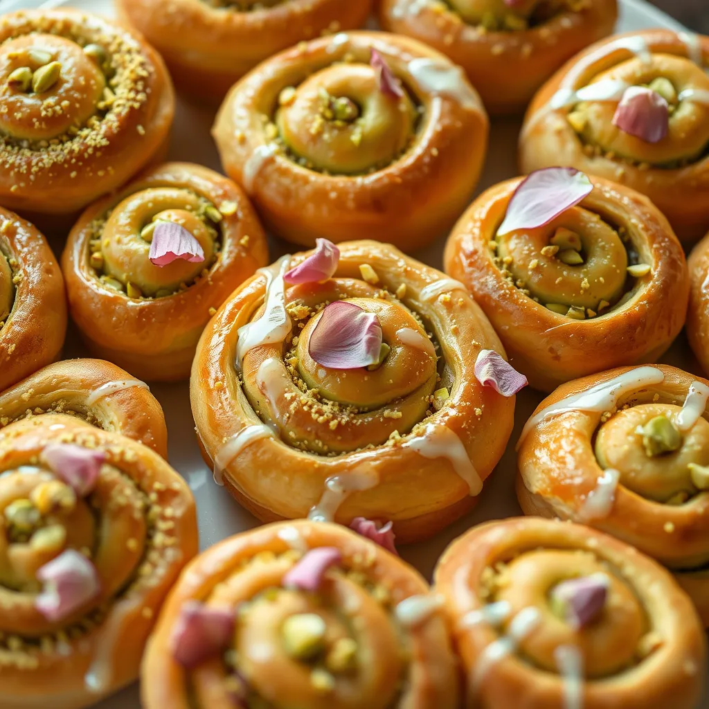 Close-up of perfect pistachio rolls with sweet glaze served in a white dish, with soft, golden-brown rolls and a glossy finish