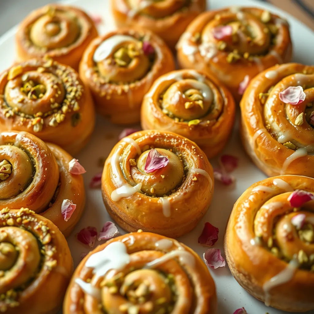 Close-up of perfect pistachio rolls with sweet glaze served in a white dish, with soft, golden-brown rolls and a glossy finish.
