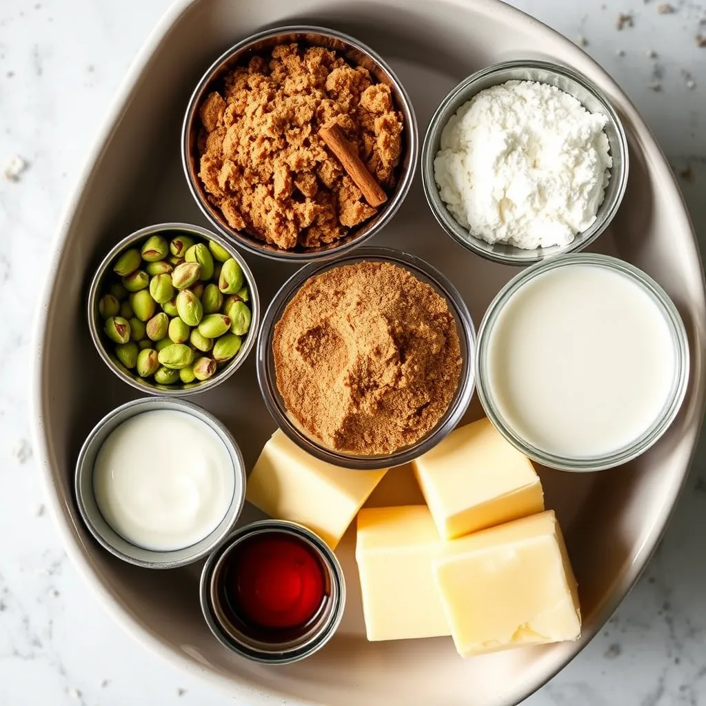 Close-up of ingredients for Perfect Pistachio Rolls with Sweet Glaze, including pistachios, brown sugar, cinnamon, butter, flour, yeast, milk, and vanilla extract in bowls, captured with soft natural light.

