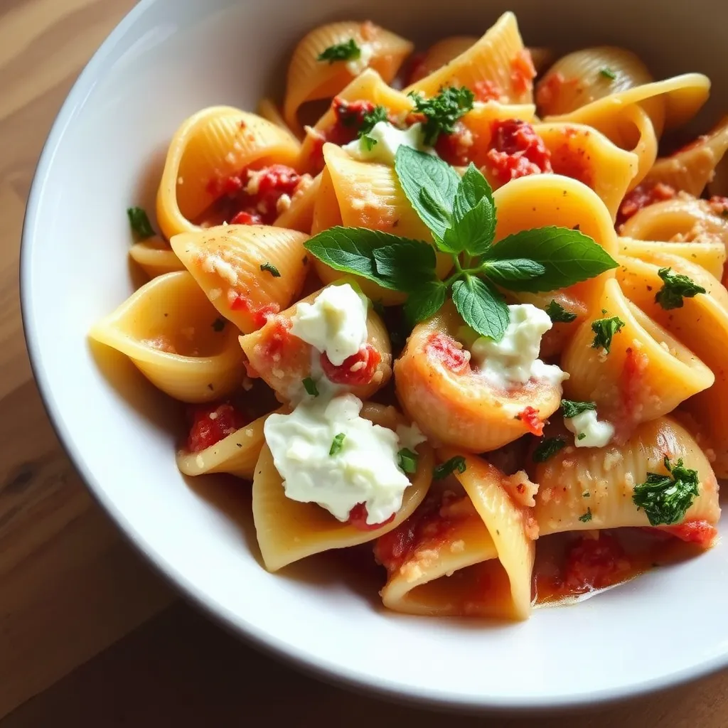 Pasta Shells with Creamy Ricotta served in a white ceramic dish with marinara sauce, mozzarella, and parmesan