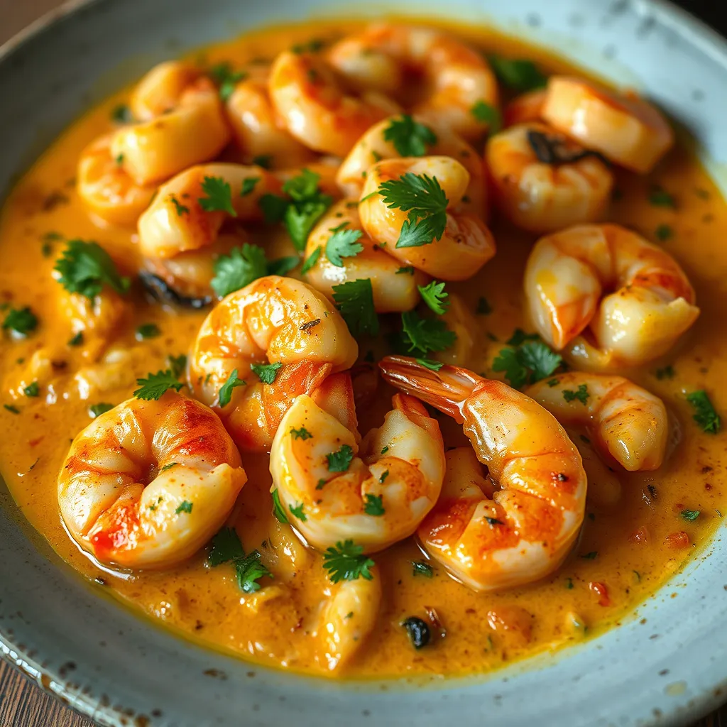 Close-up shot of creamy garlic paprika shrimp served in a white plate with soft, natural lighting.