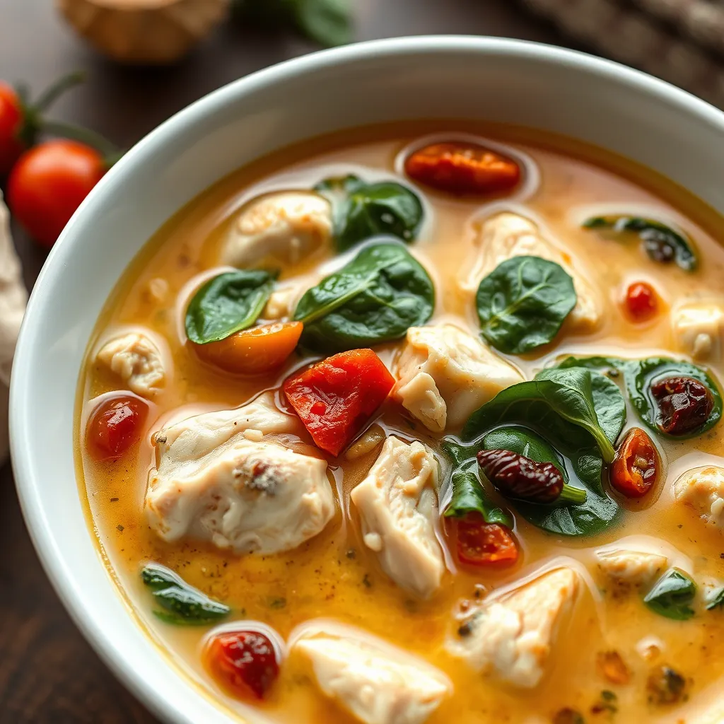 Tuscan Chicken Soup served in a white ceramic bowl with chicken, spinach, and sun-dried tomatoes, captured in soft natural lighting.