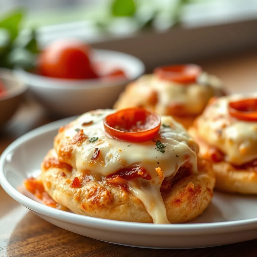 Close-up of golden-brown Pepperoni Pizza Bombs served on a white plate, featuring melted cheese and crispy edges