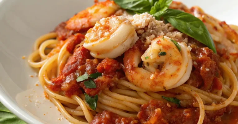 A close-up shot of Bucatini with Roasted Red Pepper Sauce and Shrimp served on a white plate. The dish features al dente bucatini pasta coated in a creamy roasted red pepper sauce, topped with plump shrimp, fresh basil, and Parmesan.