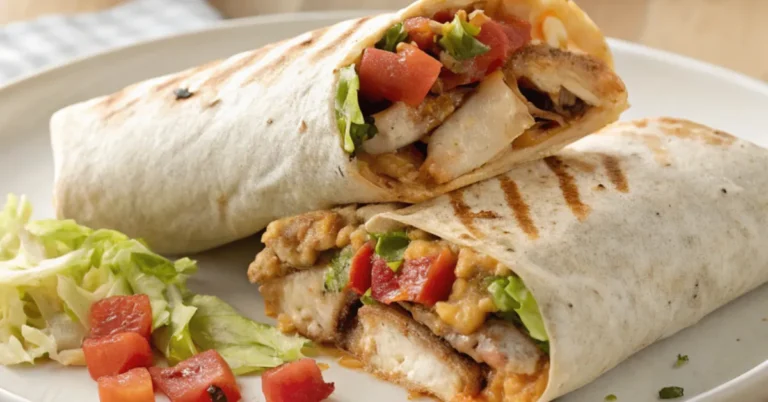 Close-up of Chipotle Ranch Grilled Chicken Burrito sliced open on a plain white plate with fresh lettuce, juicy tomatoes, and melted cheeseFreshly grilled Chipotle Ranch Grilled Chicken Burrito filled with smoky chicken, crisp lettuce, juicy tomatoes, and creamy chipotle ranch sauce