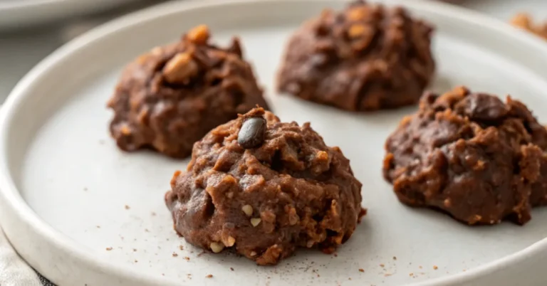 Close-up top-down view of Chocolate Peanut Butter No Bake Cookies on a white plate, highlighting rich textures and natural lighting