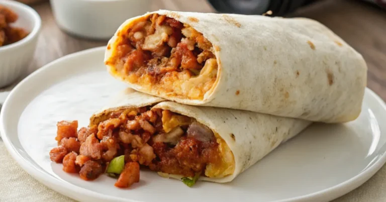 Chorizo Breakfast Burrito served on a plain white plate with golden tortilla and vibrant filling, captured in natural lighting