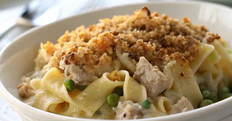 Classic Creamy Tuna Noodle Casserole with a Crunchy Topping Close-Up