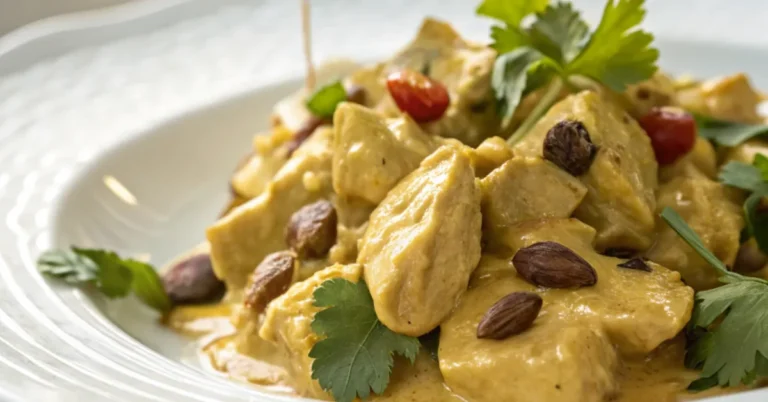 Close-up shot of Coronation Chicken served in a white plate, featuring creamy curry sauce, raisins, and slivered almonds, captured in natural light