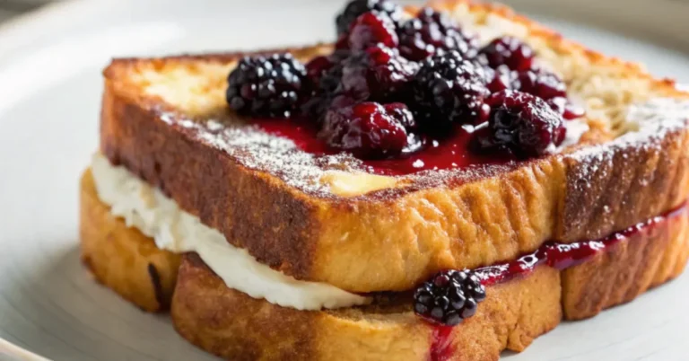 Ultra-realistic close-up of Cream Cheese Stuffed French Toast with Blackberry Compote served on a white plate, captured in natural light