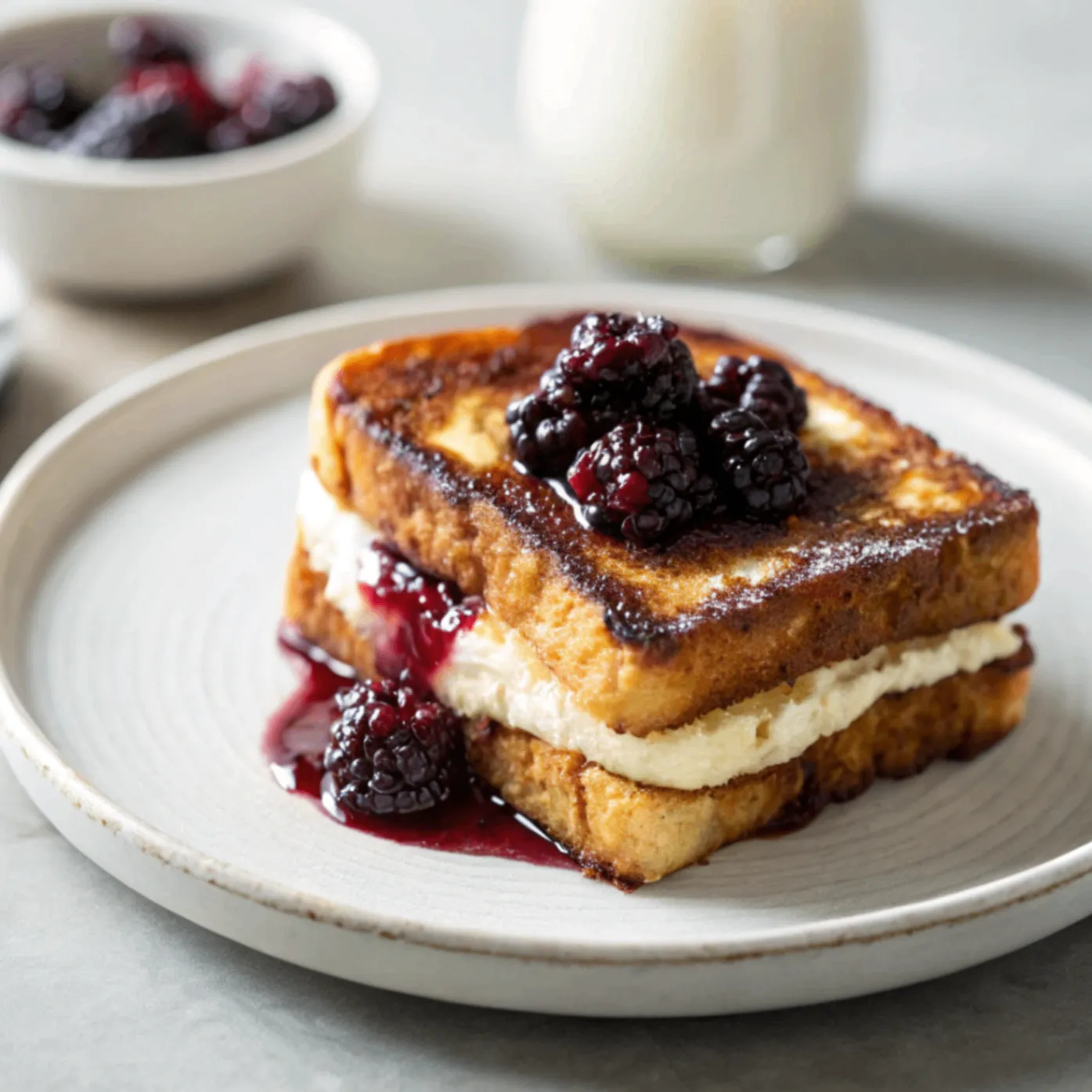 Ultra-realistic close-up of Cream Cheese Stuffed French Toast with Blackberry Compote served on a white plate, captured in natural light