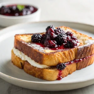 Ultra-realistic close-up of Cream Cheese Stuffed French Toast with Blackberry Compote served on a white plate, captured in natural light