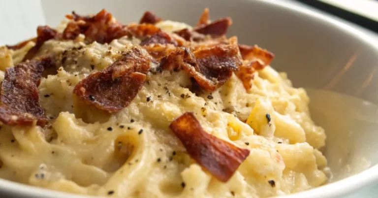 Close-up of creamy mac and cheese carbonara with crispy bacon in a white plate under natural lighting