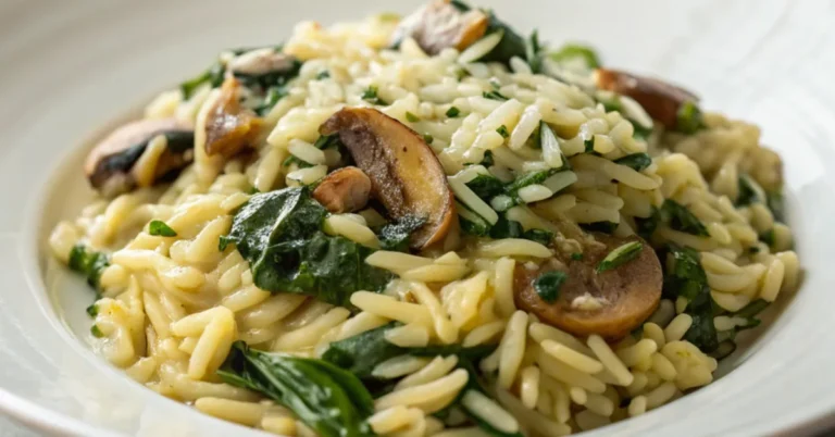 Ultra-realistic top-down view of creamy spinach and mushroom orzo in a white plate with rich textures and natural lighting