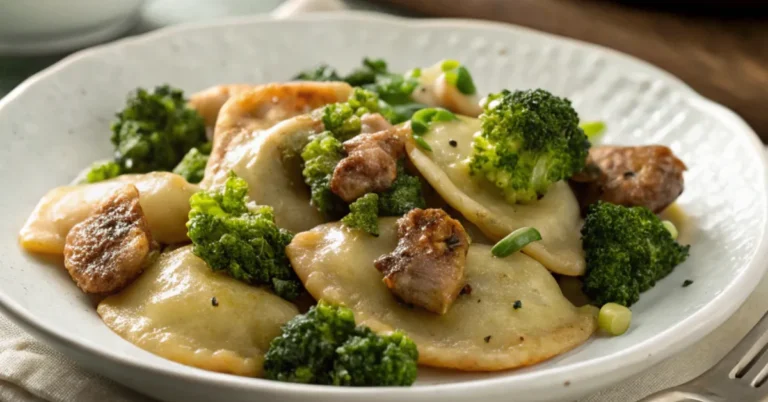 Overhead view of crispy pierogies with sliced sausage and broccoli florets served in a white plate, beautifully lit with natural lighting
