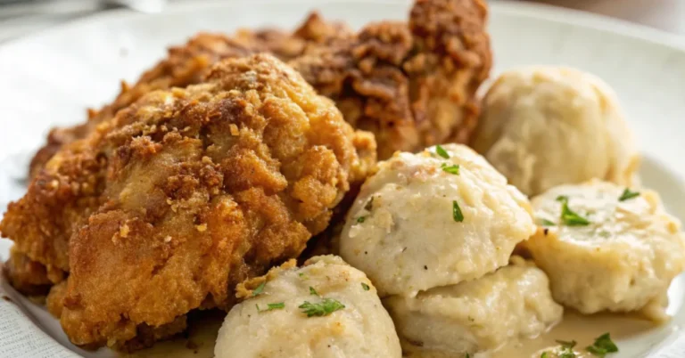 Close-up of Crispy Skillet Fried Chicken with Tender Dumplings on a white plate