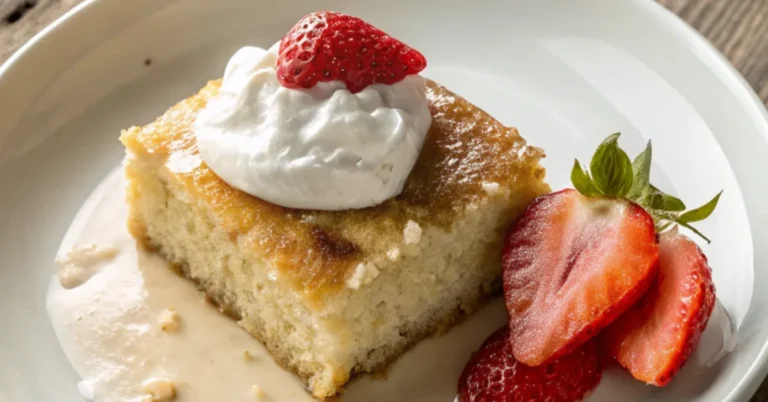 Close-up of a moist Tres Leches Cake slice topped with whipped cream and a fresh strawberry on a white plate