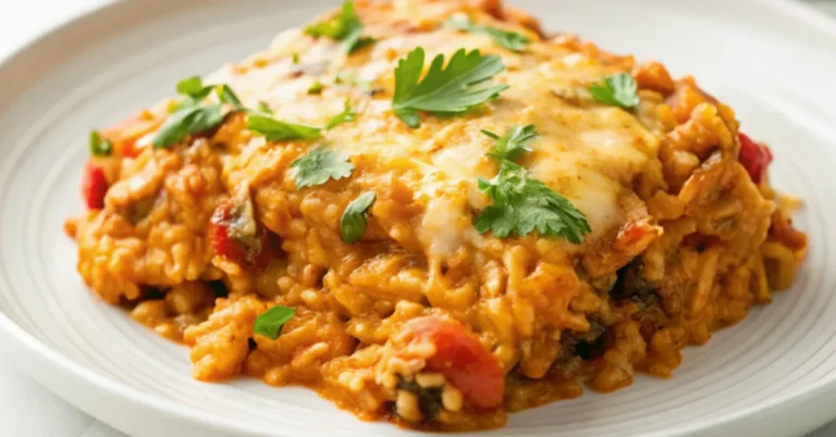 Top view of cheesy Chicken Enchilada Rice Casserole served on a plain white plate with beans, corn, and melted cheese, captured with natural lighting