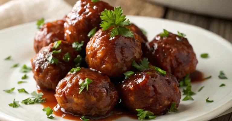 Ultra-realistic close-up shot of party meatballs served in a white plate, glazed with BBQ and grape jelly sauce, garnished with parsley