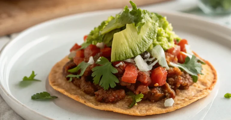 Ultra-realistic close-up of Easy Tostada Recipe served on a plain white plate, crispy tortilla topped with refried beans, seasoned beef, lettuce, tomatoes, and avocado.
