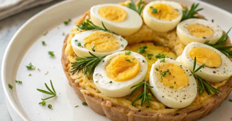 Top-down view of an Eggs Wreath with Creamy Yolk Filling on a white plate, garnished with fresh herbs and pomegranate seeds, presented on a rustic wooden table