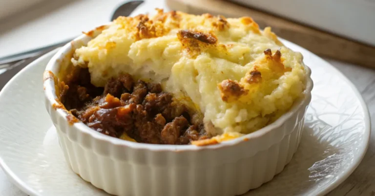 Overhead view of Golden Tater-Topped Cottage Pie Delight in a white ceramic dish, showcasing crispy tater tots atop savory beef filling