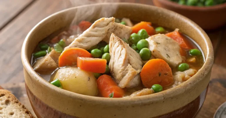 A bowl of hearty chicken and vegetable stew with carrots, potatoes, and peas, accompanied by crusty bread on a wooden table