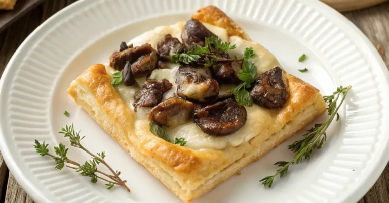 Overhead view of Heavenly Morel Tarts on a white plate, topped with sautéed morel mushrooms, melted cheese, and herbs