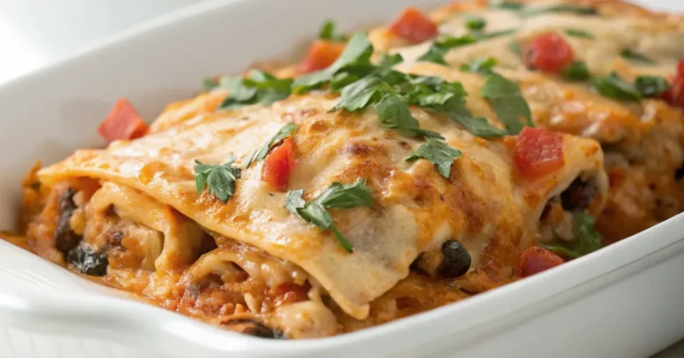 Mediterranean Chicken Enchilada Casserole served on a white plate with golden cheese and colorful vegetables