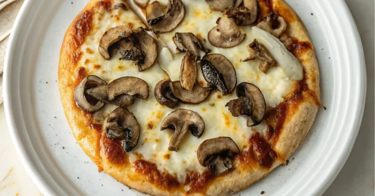​Close-up of a homemade Mixed Mushroom Pizza on a white plate, showcasing various mushrooms, melted cheese, and a crispy crust.​