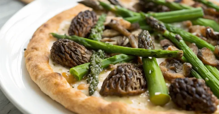Close-up shot of Morel and Asparagus Crispy Pizza on a white plate with vibrant colors and crispy crust