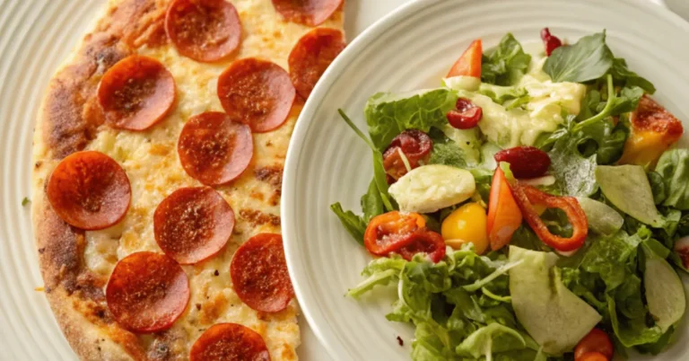 Close-up of Easy Homemade Pepperoni Pizza with Fresh Veggie Antipasto Salad on a plain white plate, showcasing a golden-brown crust, melted mozzarella cheese, crispy pepperoni slices, and a colorful assortment of fresh vegetables
