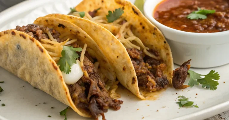 Close-up of Quesabirrias served in a white plate with crispy beef tacos filled with melted cheese, alongside a bowl of consommé