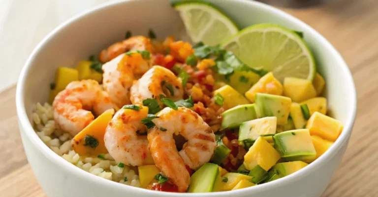 Shrimp and Avocado Bowls with Mango Salsa & Lime-Chili Sauce served in a white bowl with fresh ingredients, including shrimp, avocado, mango salsa, and a zesty lime-chili drizzle