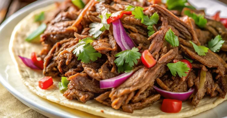Close-up of Slow-Cooker Braised Brisket Machaca served on a white plate, highlighting its rich textures and vibrant colors