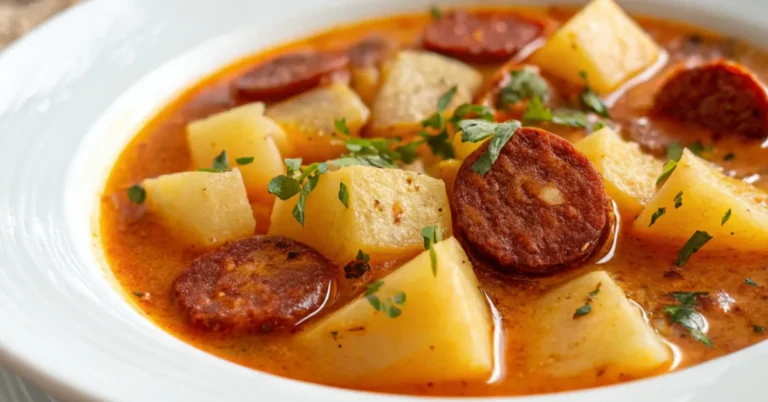 Bowl of Spanish potato soup with chorizo served in a white plate, showing rich broth, golden potatoes, and smoky sausage in natural lighting
