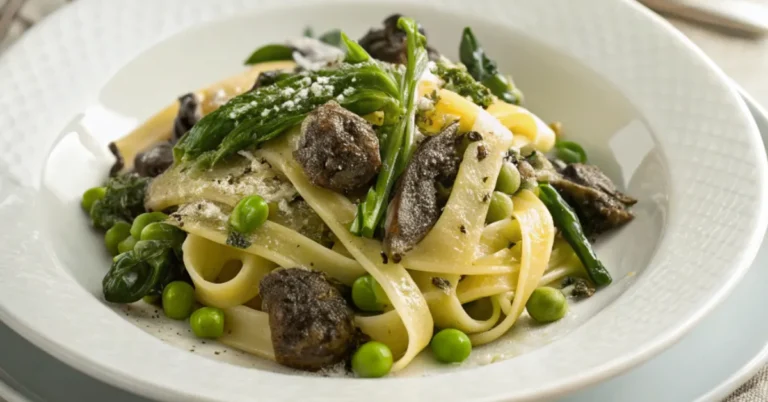 Close-up of Spring Pasta with Morels, Ramps, and Peas served in a white plate with natural lighting and fresh seasonal ingredients