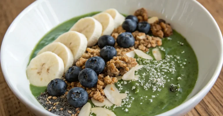 A creamy Green Smoothie Bowl topped with bananas, blueberries, granola, and chia seeds, served in a white bowl on a wooden table.