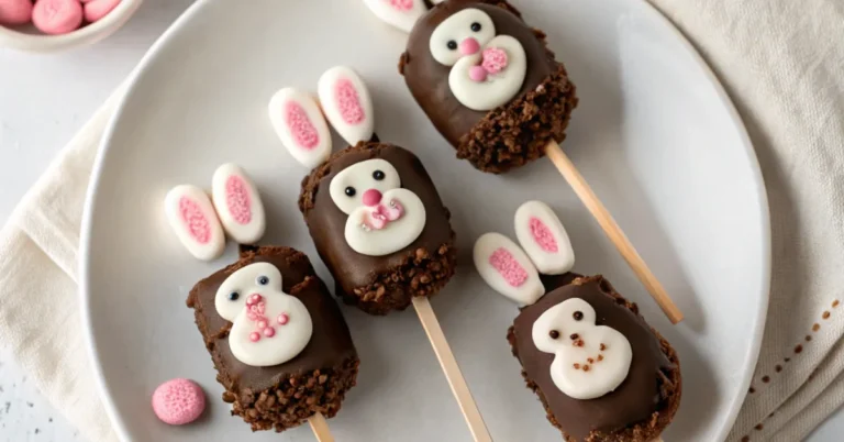 Close-up of Bunny Butt Marshmallow Pops on a white plate with soft chocolate coating and festive decorations.