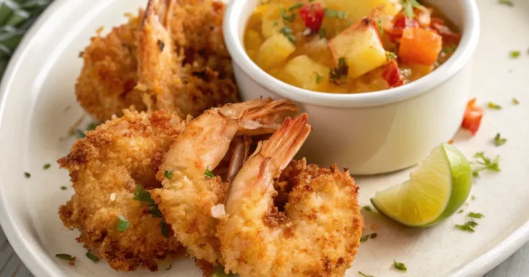 "Close-up of Coconut-Crusted Shrimp served with Pineapple Chili Dip on a white plate, showcasing a crispy golden crust and vibrant dipping sauce.