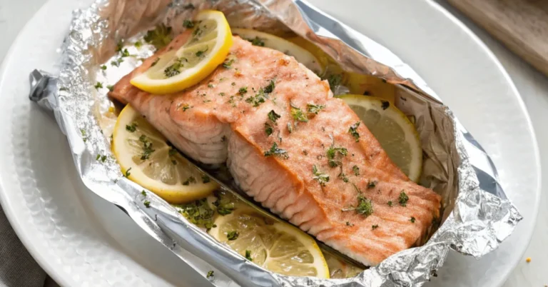 Close-up of Baked Salmon in Foil Packets served on a white plate with lemon slices and herbs