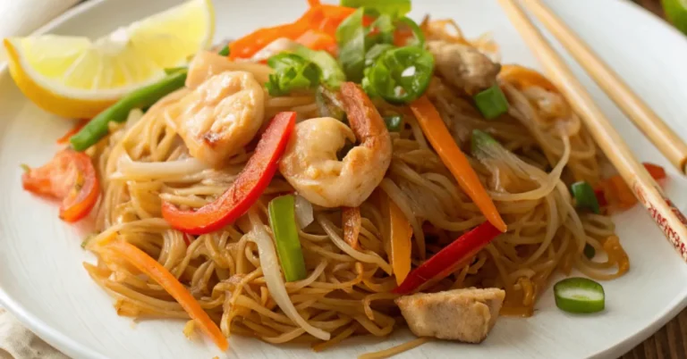 A plate of authentic Pancit Bihon served on a white dish, featuring stir-fried rice noodles with chicken, shrimp, and vegetables, garnished with fresh green onions and lemon wedges