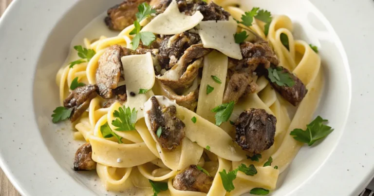 Close-up of creamy morel mushroom cream sauce with pasta, topped with fresh herbs and Parmesan, served in a white plate