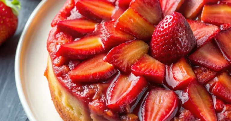 Strawberry-Rhubarb Upside-Down Cake served on a plain white plate, topped with caramelized fruit, captured in natural light