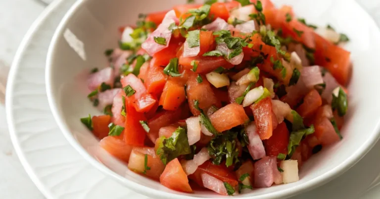 Close-up of Pico de Gallo served in a white plate, showcasing vibrant tomatoes, onions, cilantro, and jalapeños