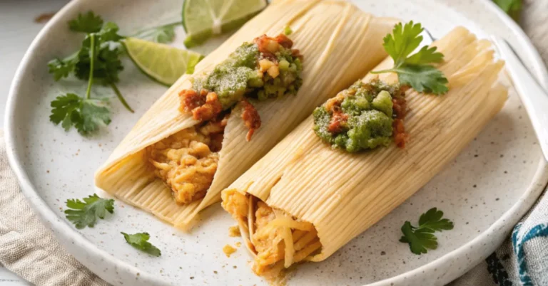 Close-up shot of homemade Chicken Tamales served in a white plate with green salsa and cilantro garnish