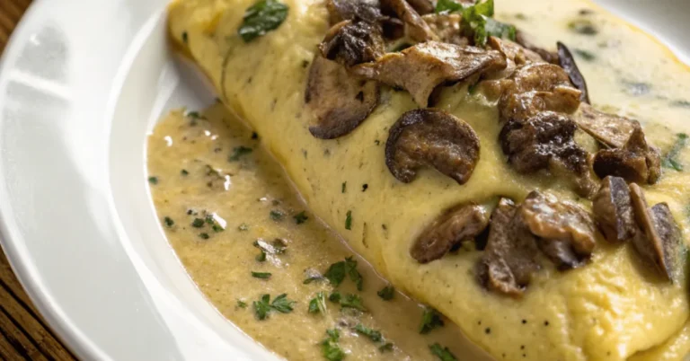 Top-down view of a white plate with morel cream sauce filling a folded omelet, with creamy mushroom textures and fresh herbs in natural lighting